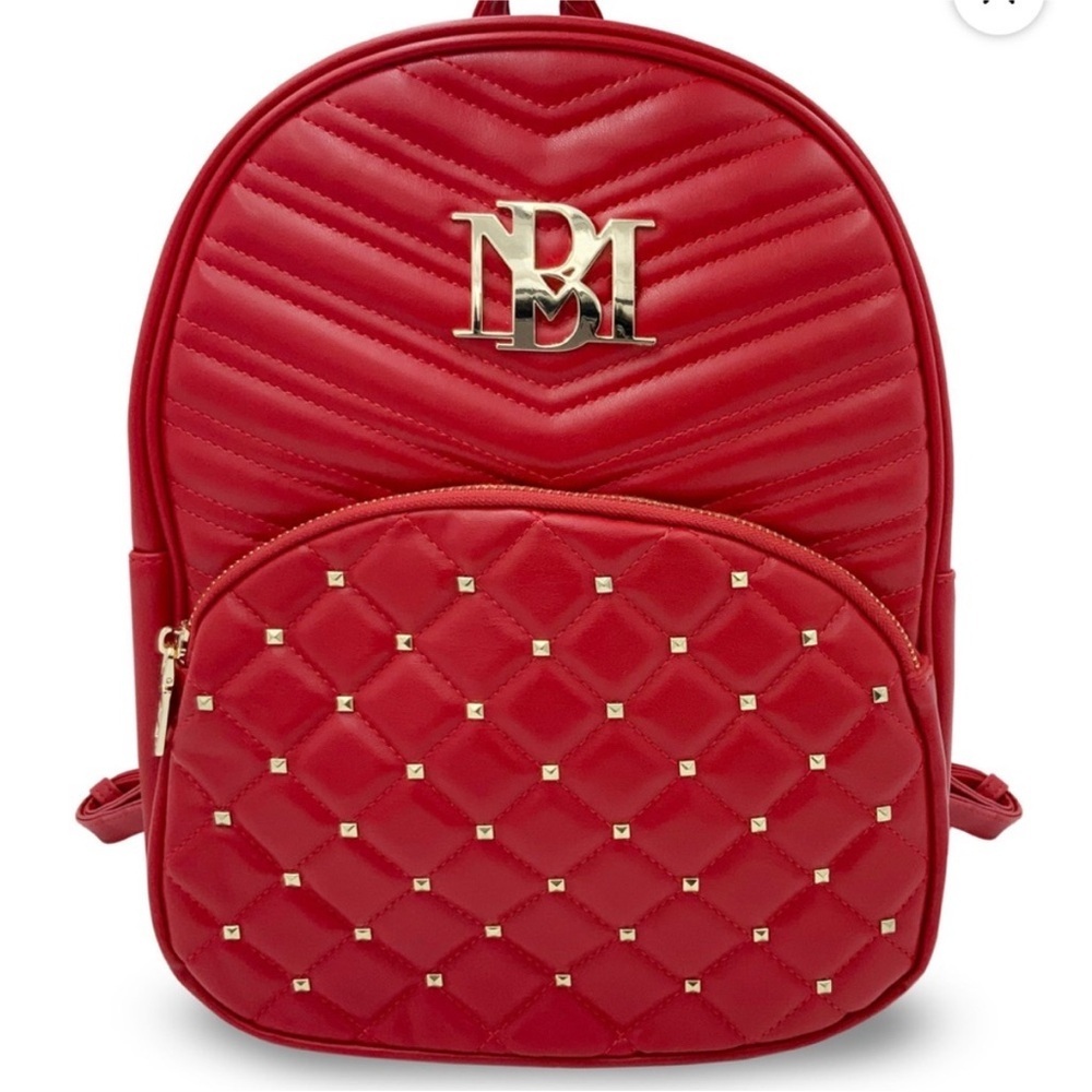 NWT Badgley Mischka Mini Backpack Red Quilted Silver Studded Vegan Leather NEW